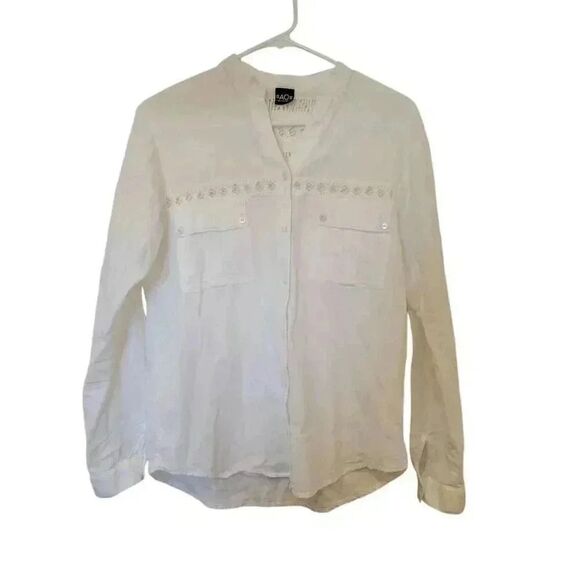 AO Aho Po'I Raity Women's White Cotton Button Down Top w Set In Lace Accents - Picture 4 of 13